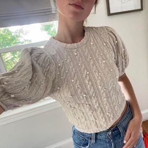 Zara off white top with pearl detailing and balloon sleeves in size small